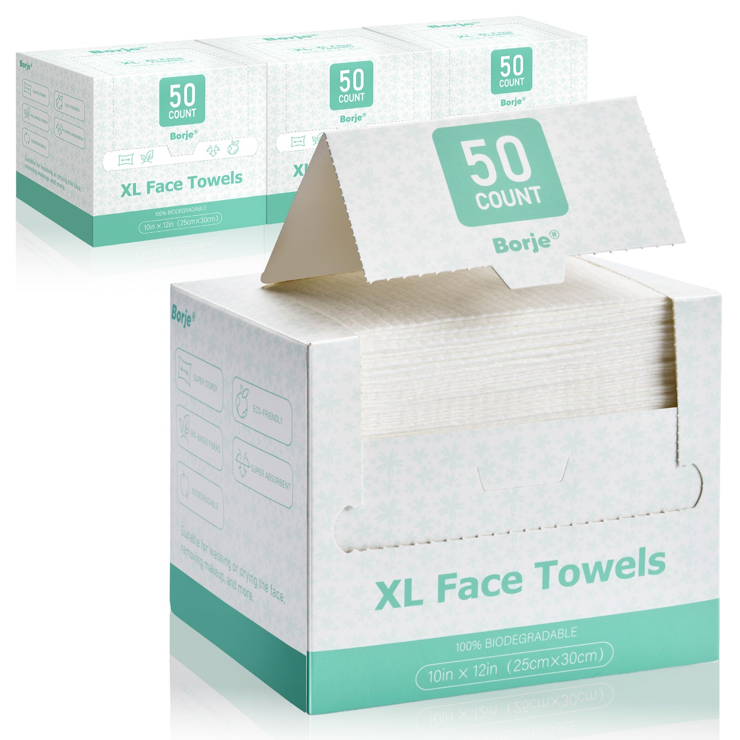 Borje Face Towels XL, Disposable Face Towel 10" x 12", 200 Count (4 Packs of 50), 100% USDA Biobased Facial Towelettes, Ultra Soft & Thick Makeup Remover Wipes for Women Cleansing