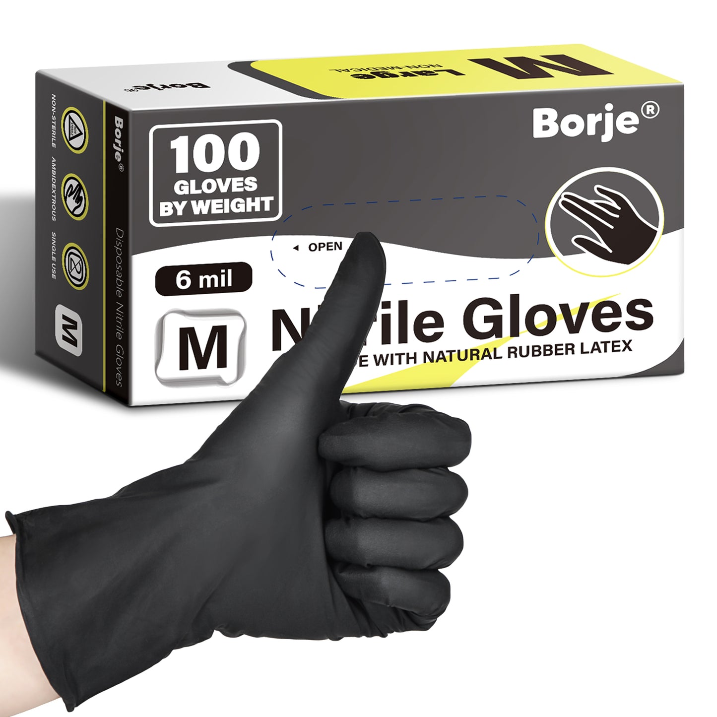 Borje® - 100 Pcs Nitrile Disposable Gloves, 6 Mil, Black, Latex Free, Powder-Free, Mechanic, Food Safe, Cooking, Cleaning