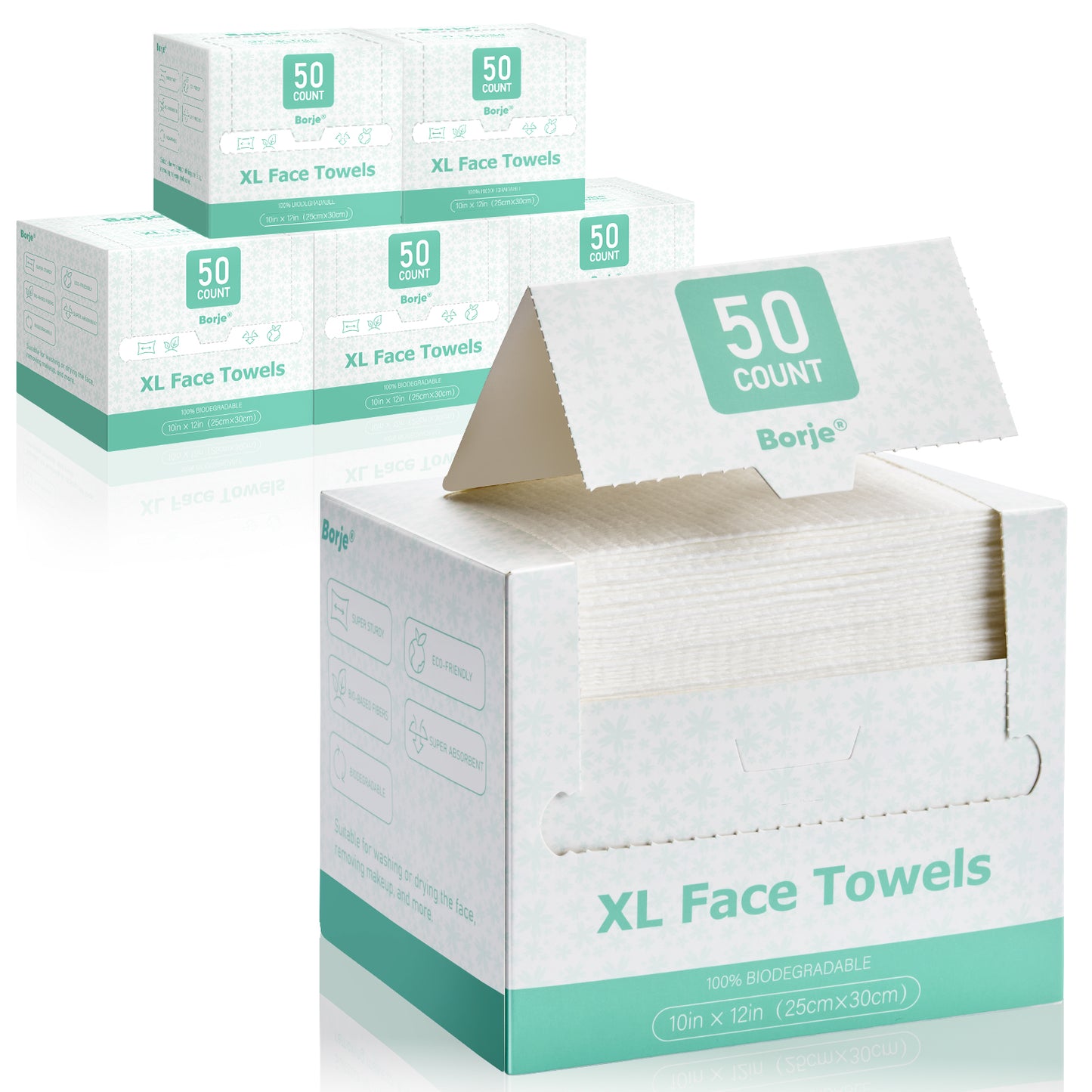 Borje Face Towels XL, Disposable Face Towel 10" x 12", 300 Count (6 Packs of 50), 100% USDA Biobased Facial Towelettes, Ultra Soft & Thick Makeup Remover Wipes for Women Cleansing