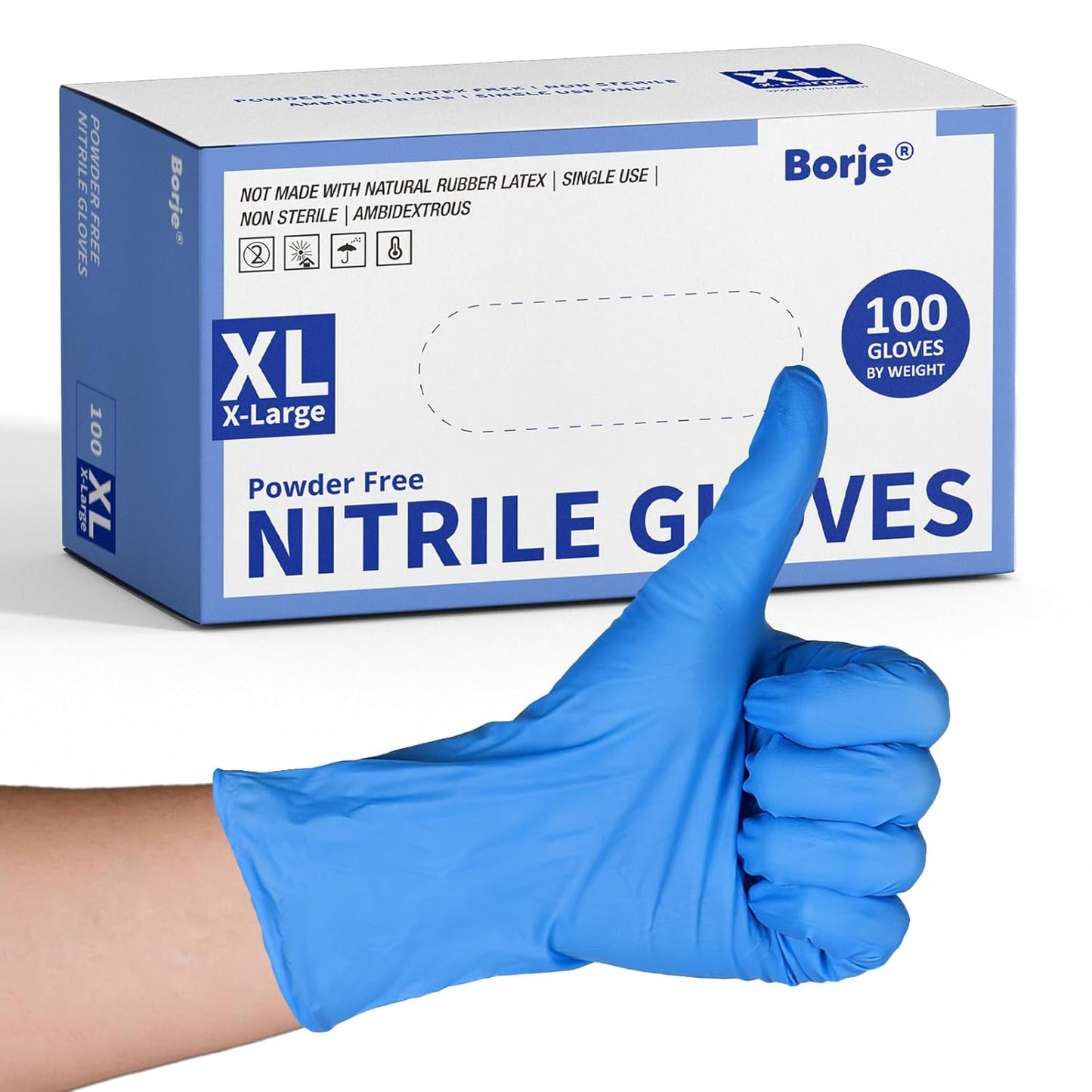 Borje® - 100 Pcs Nitrile Disposable Gloves, Blue, Latex & Powder-Free, Food Safe, Textured Fingertips
