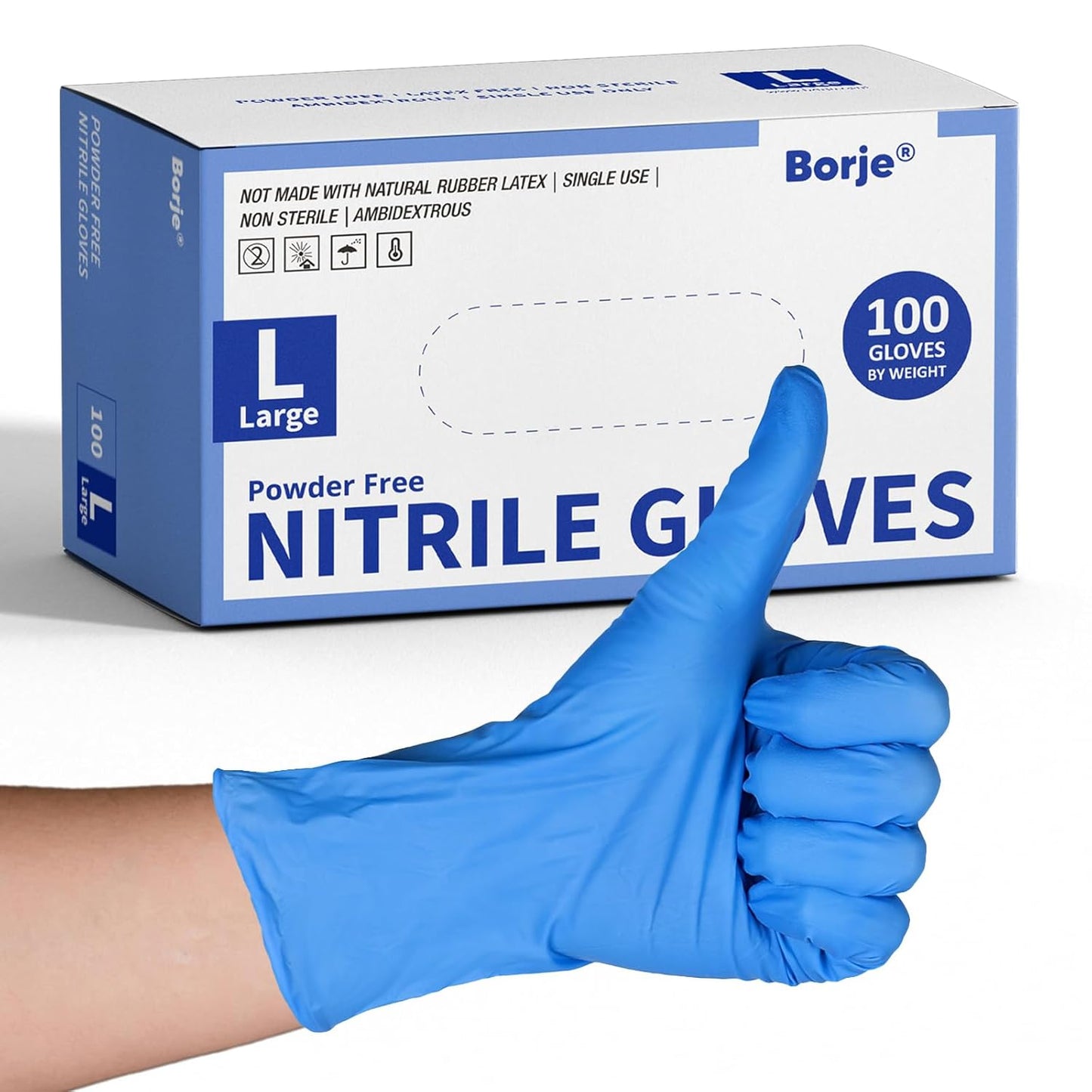 Borje® - 100 Pcs Nitrile Disposable Gloves, Blue, Latex & Powder-Free, Food Safe, Textured Fingertips