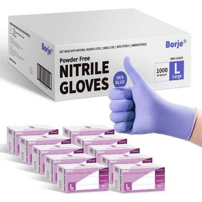 Borje® Nitrile Disposable Gloves, Iris Blue, Latex & Powder-Free, Food Safe, Cleaning Disposable Glove (Case of 1000, 10 Boxes of 100)