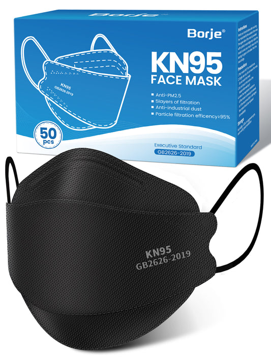 Mascarillas KN95 para adultos, paquete de 50, envueltas individualmente, mascarilla desechable negra de 5 capas contra humo y polvo PM 2.5, eficiencia de filtración del 95%
