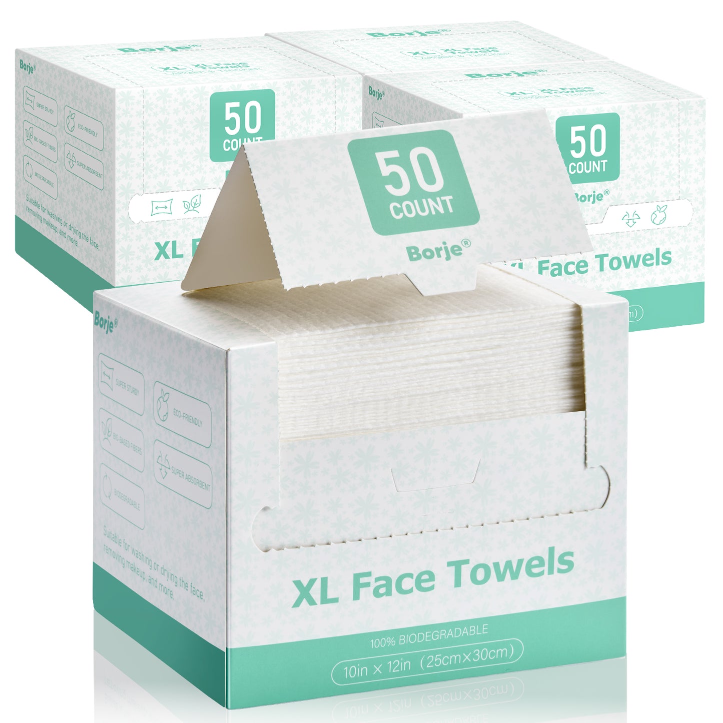 Borje Face Towels XL, Disposable Face Towel 10" x 12", 200 Count (4 Packs of 50), 100% USDA Biobased Facial Towelettes, Ultra Soft & Thick Makeup Remover Wipes for Women Cleansing