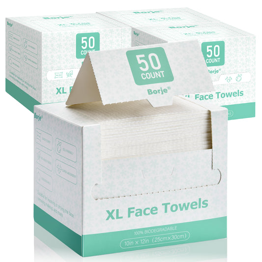 Borje Face Towels XL, Disposable Face Towel 10" x 12", 200 Count (4 Packs of 50), 100% USDA Biobased Facial Towelettes, Ultra Soft & Thick Makeup Remover Wipes for Women Cleansing