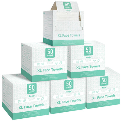 Borje Face Towels XL, Disposable Face Towel 10" x 12", 300 Count (6 Packs of 50), 100% USDA Biobased Facial Towelettes, Ultra Soft & Thick Makeup Remover Wipes for Women Cleansing