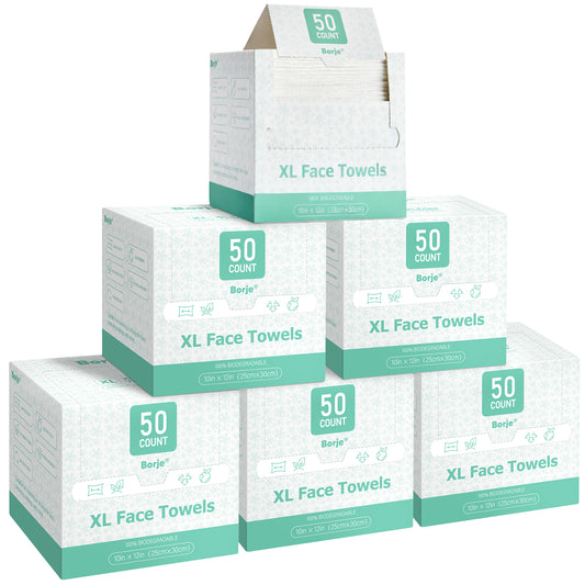 Borje Face Towels XL, Disposable Face Towel 10" x 12", 300 Count (6 Packs of 50), 100% USDA Biobased Facial Towelettes, Ultra Soft & Thick Makeup Remover Wipes for Women Cleansing