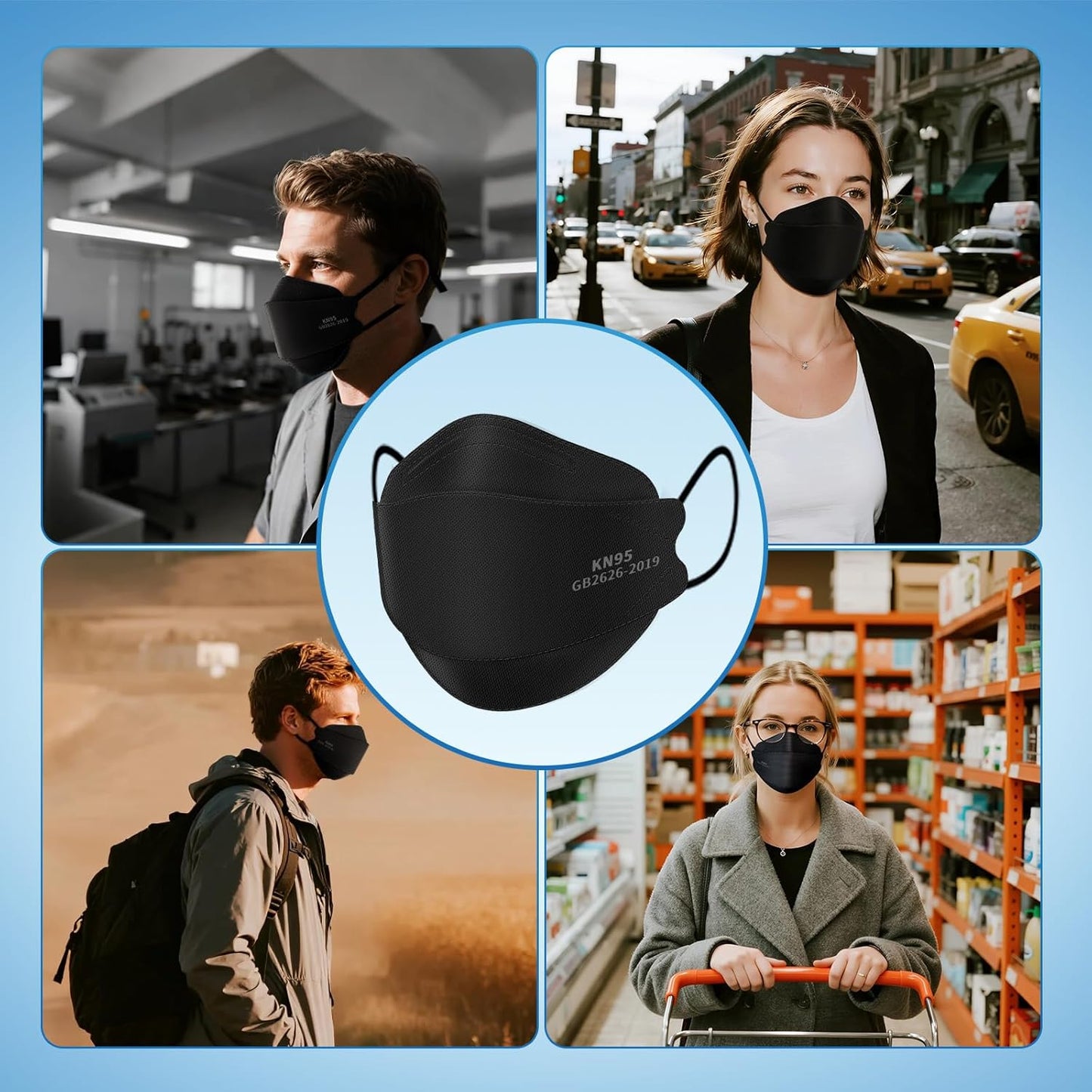 Borje KN95 Face Masks for Adults 50 Pack,5-Ply Black Disposable Face Mask Against PM 2.5 Smoke & Dust, Filtration Efficiency 95%