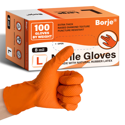 Borje® - 100 Pcs Nitrile Disposable Gloves, 8 Mil, Orange, Latex Free, Powder-Free, Diamond Texture, Mechanic