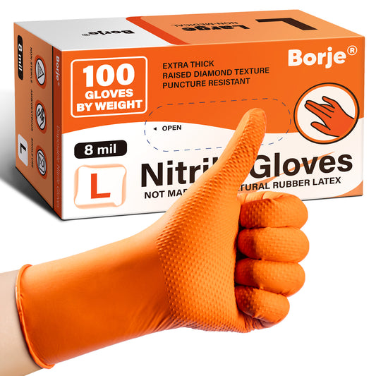 Borje® - 100 Pcs Nitrile Disposable Gloves, 8 Mil, Orange, Latex Free, Powder-Free, Diamond Texture, Mechanic