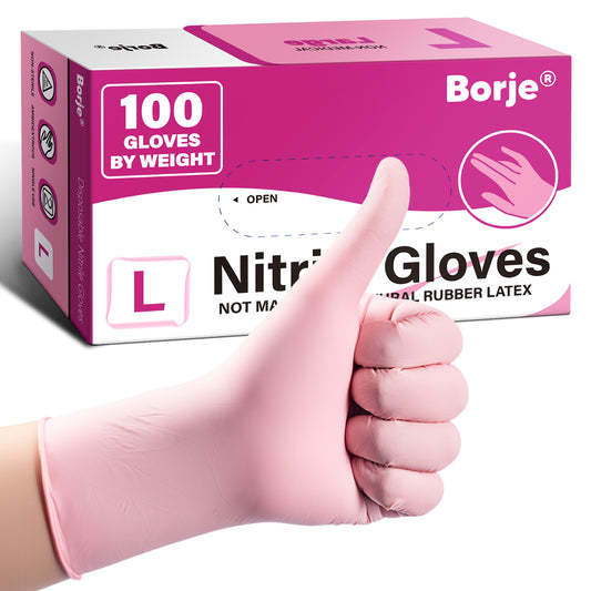 Borje® - 100 Pcs Nitrile Disposable Gloves, Pink, Latex & Powder-Free, Esthetician, Cleaning, Cooking, Food Safe