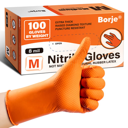 Borje® - 100 Pcs Nitrile Disposable Gloves, 8 Mil, Orange, Latex Free, Powder-Free, Diamond Texture, Mechanic