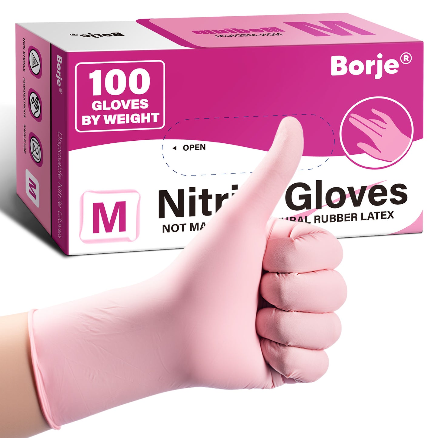Borje® - 100 Pcs Nitrile Disposable Gloves, Pink, Latex & Powder-Free, Esthetician, Cleaning, Cooking, Food Safe