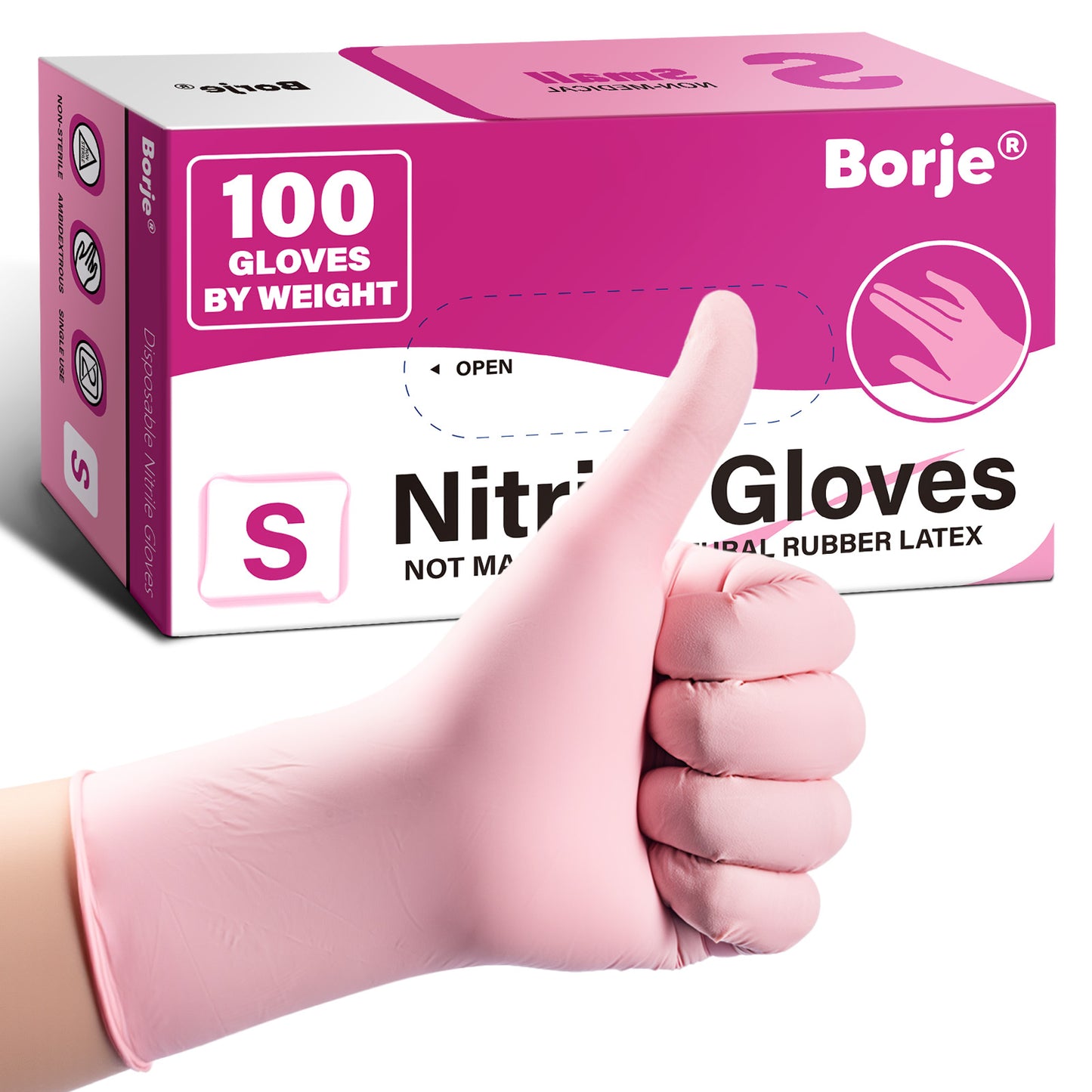 Borje® - 100 Pcs Nitrile Disposable Gloves, Pink, Latex & Powder-Free, Esthetician, Cleaning, Cooking, Food Safe