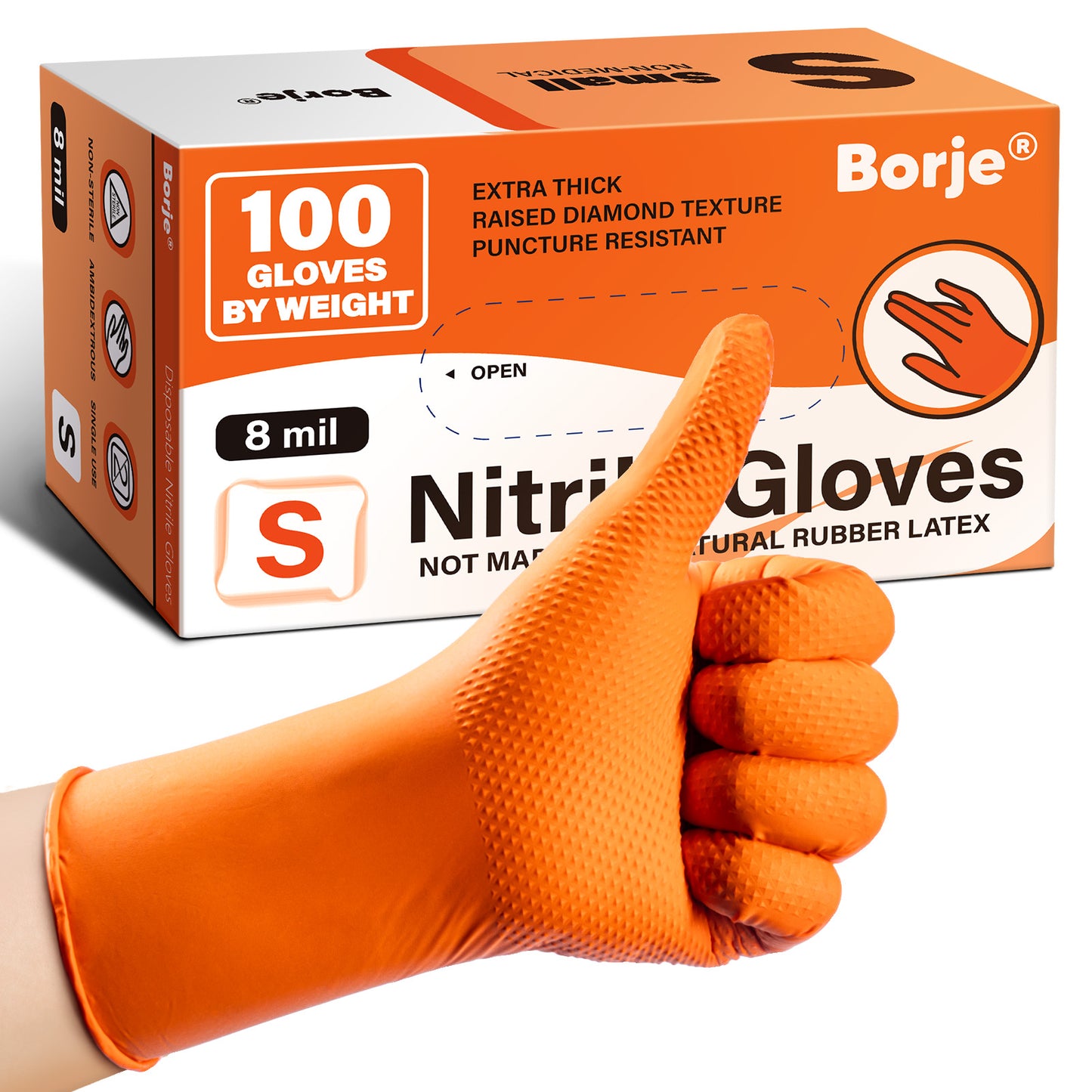 Borje® - 100 Pcs Nitrile Disposable Gloves, 8 Mil, Orange, Latex Free, Powder-Free, Diamond Texture, Mechanic
