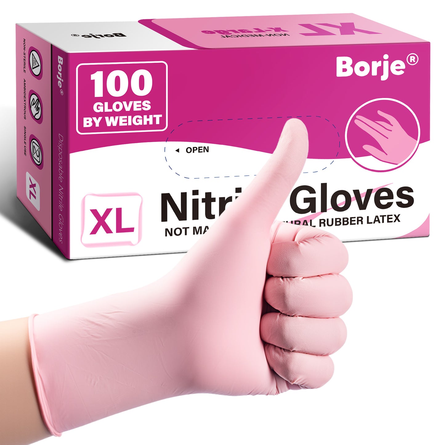 Borje® - 100 Pcs Nitrile Disposable Gloves, Pink, Latex & Powder-Free, Esthetician, Cleaning, Cooking, Food Safe